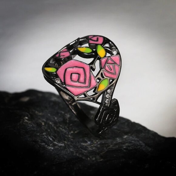 Ring jewelry rose flower pink black Beauty and the Beast 925 silver new - Picture 4 of 5